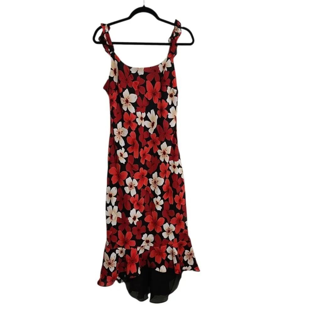 Vintage Midi Maxi Dress L Y2K Red Black Floral Sheer Flutter Sleeve Dark Floral
